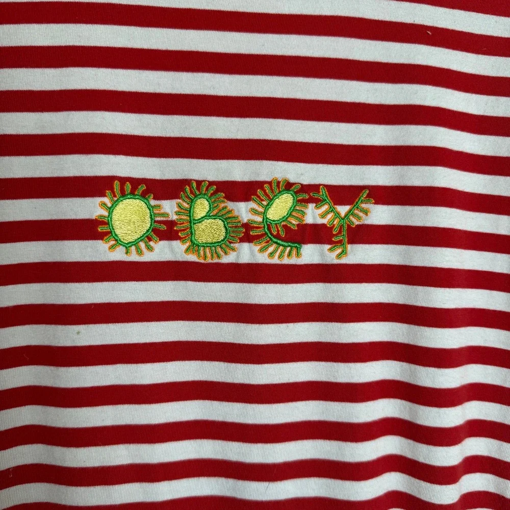 OBEY Worldwide Red White Stripe Embroidered Logo T Shirt‎ Mens Size M